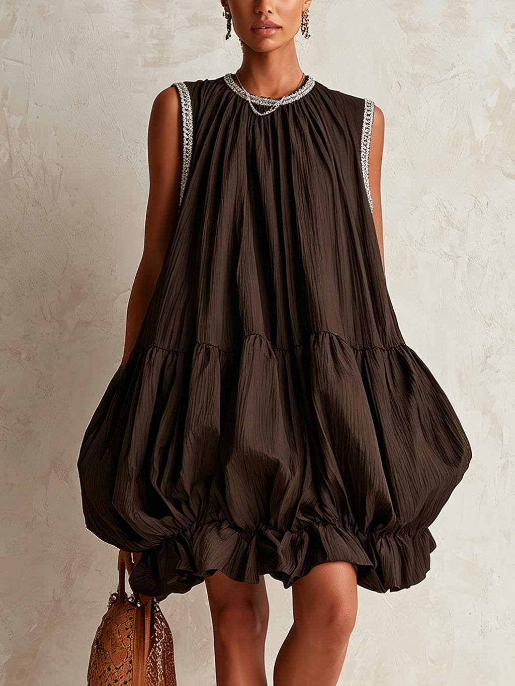 Colette | Brown Sleeveless Mini Dress with Puffball Hem