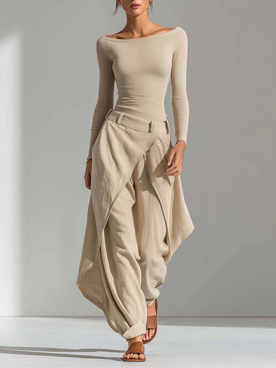 Delphine | Beige Boat-Neck Top and Ruffled Wide-Leg Trouser Set
