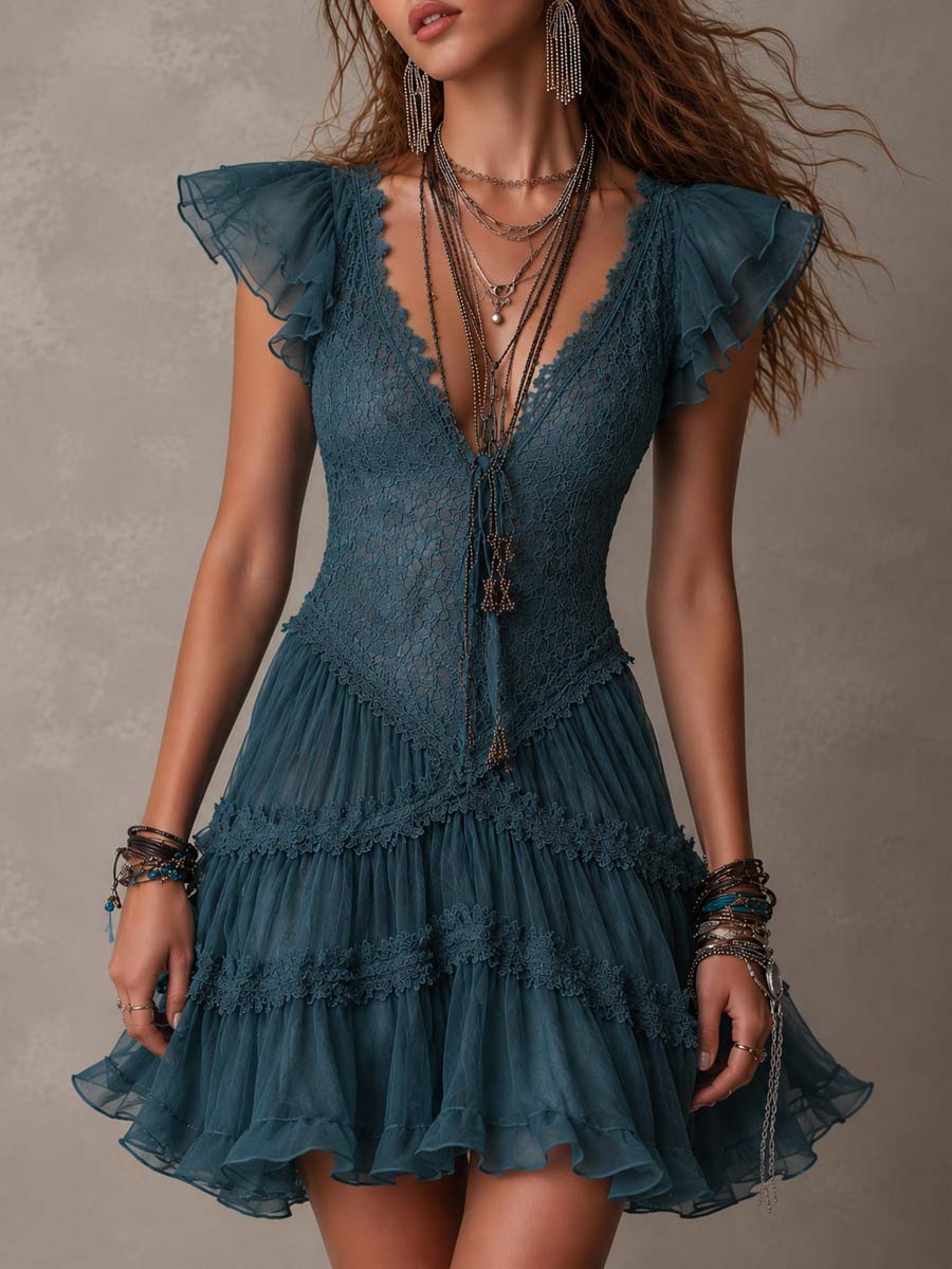 Azurine | Retro Blue Lace and Chiffon Ruffle Mini Dress