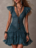 Azurine | Retro Blue Lace and Chiffon Ruffle Mini Dress