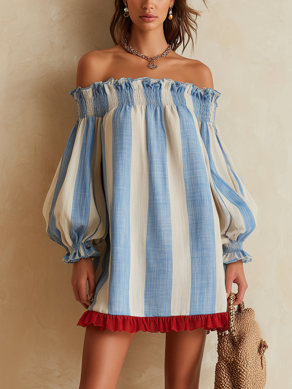 Ondine | Blue and White Striped Off-Shoulder Mini Dress with Contrast Hem