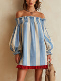 Ondine | Blue and White Striped Off-Shoulder Mini Dress with Contrast Hem