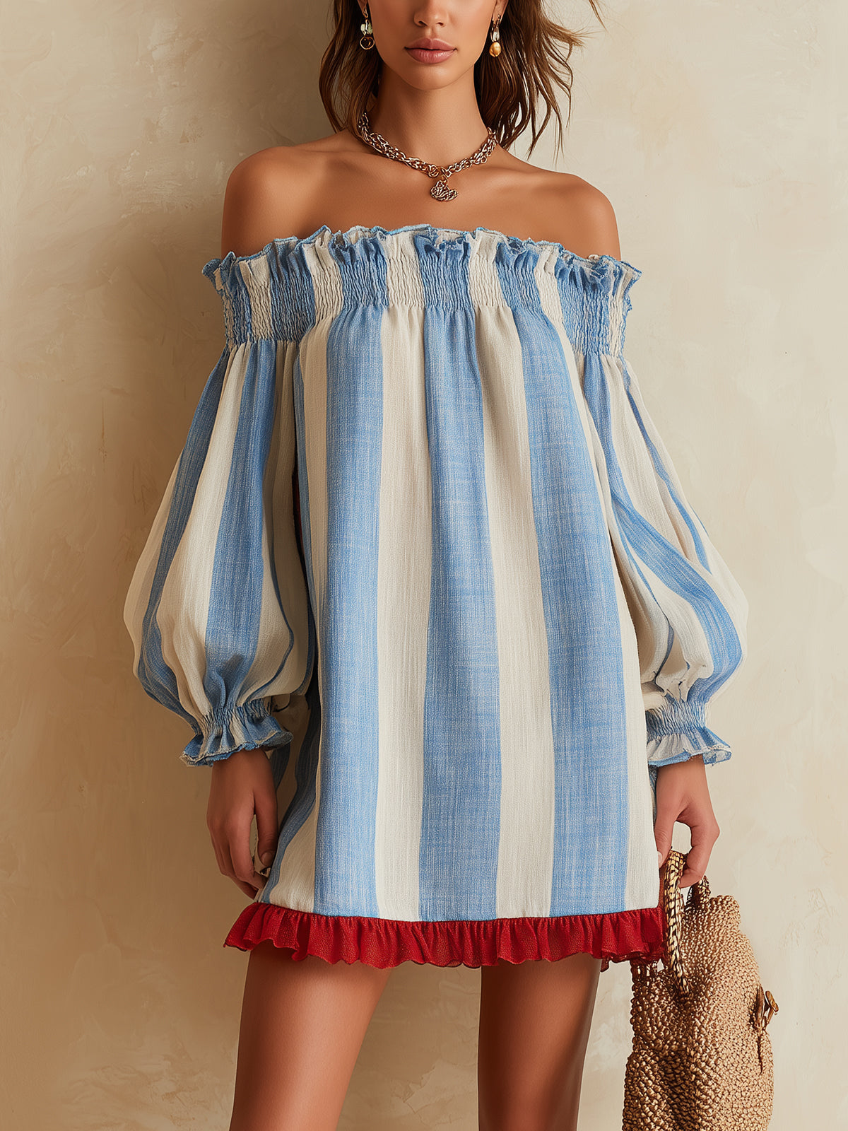 Ondine | Blue and White Striped Off-Shoulder Mini Dress with Contrast Hem
