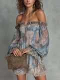 Romane | Ruched Off-Shoulder Chiffon Mini Dress with Romantic Florals