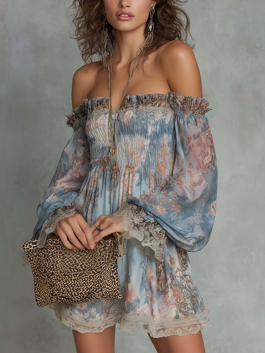 Romane | Ruched Off-Shoulder Chiffon Mini Dress with Romantic Florals