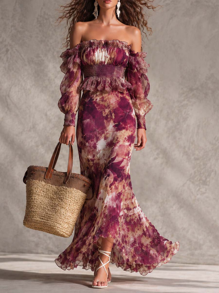 Françoise | Pink Floral Off-Shoulder Chiffon Maxi Dress
