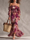 Françoise | Pink Floral Off-Shoulder Chiffon Maxi Dress