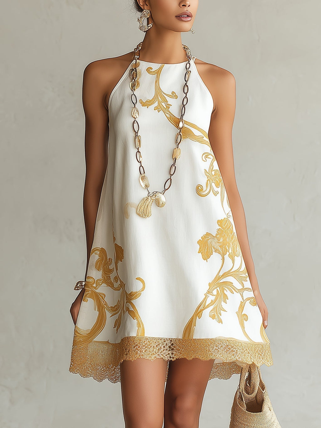 Héloïse | White Lace Mini Dress with Gold Print