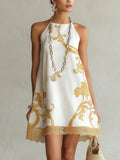 Héloïse | White Lace Mini Dress with Gold Print