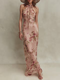 Lia | Elegant Floral Print Chiffon Maxi Dress with Teardrop Neckline