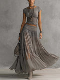 Christine | Grey Lace-Panel Top and Pleated Maxi Skirt Set