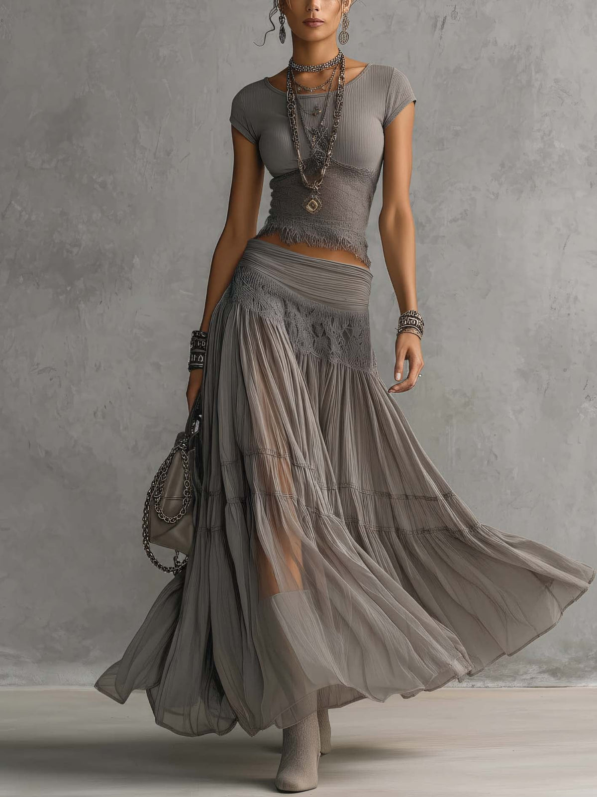 Christine | Grey Lace-Panel Top and Pleated Maxi Skirt Set