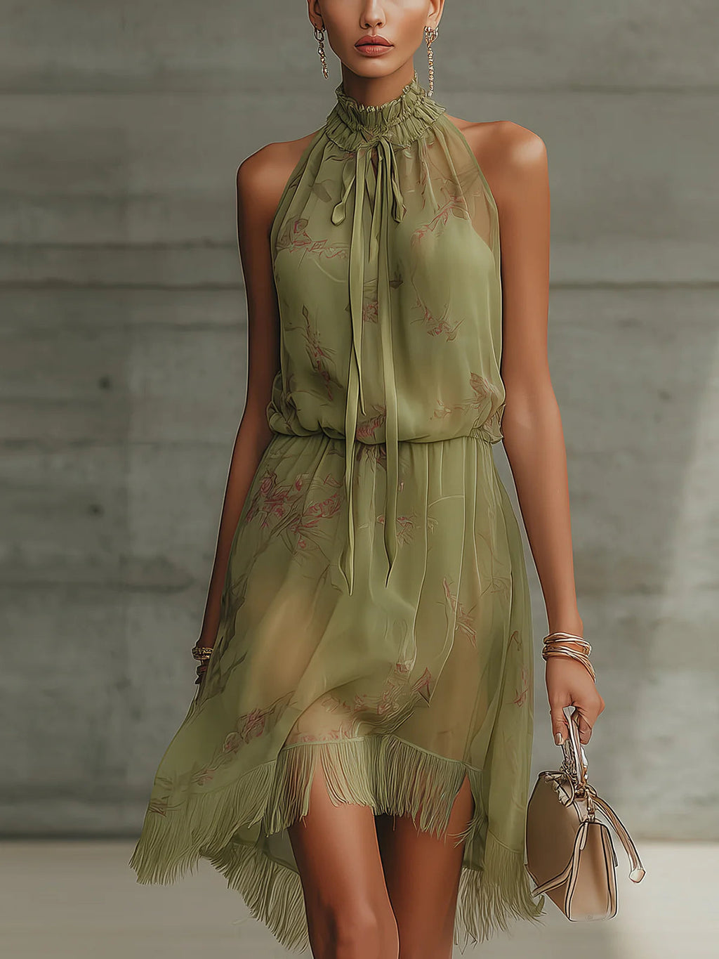 Sylvie | Green Floral Chiffon High-Waist Mini Dress