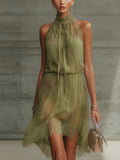 Sylvie | Green Floral Chiffon High-Waist Mini Dress