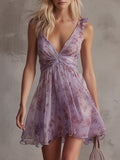 Violette | Retro Purple Floral-Stripe Chiffon Mini Dress