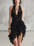 Eléonore | Black Backless Ruffle and Lace Short Dress