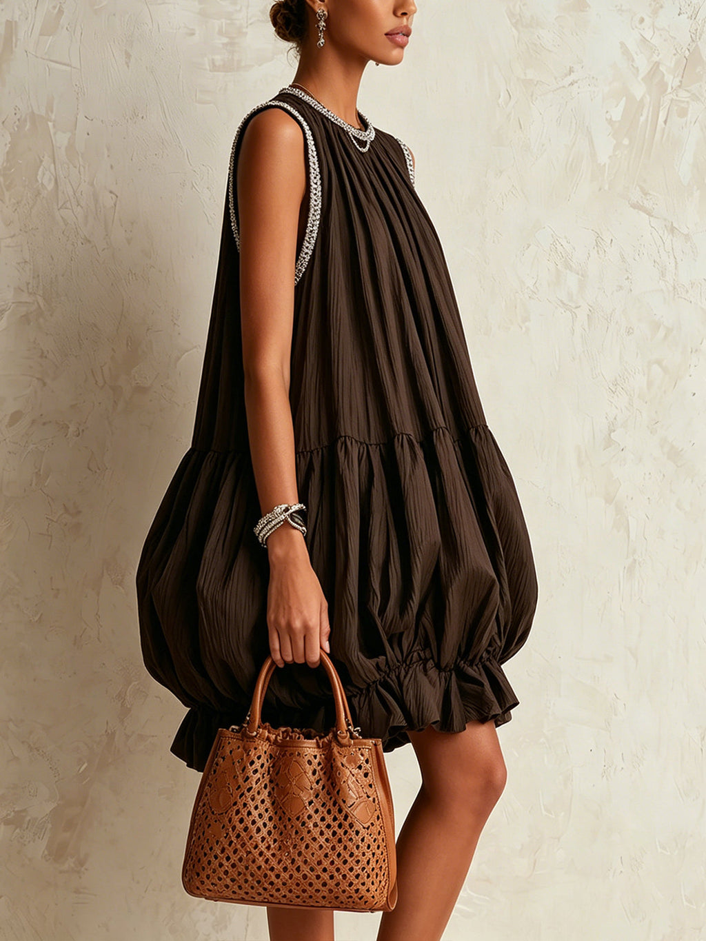 Colette | Brown Sleeveless Mini Dress with Puffball Hem