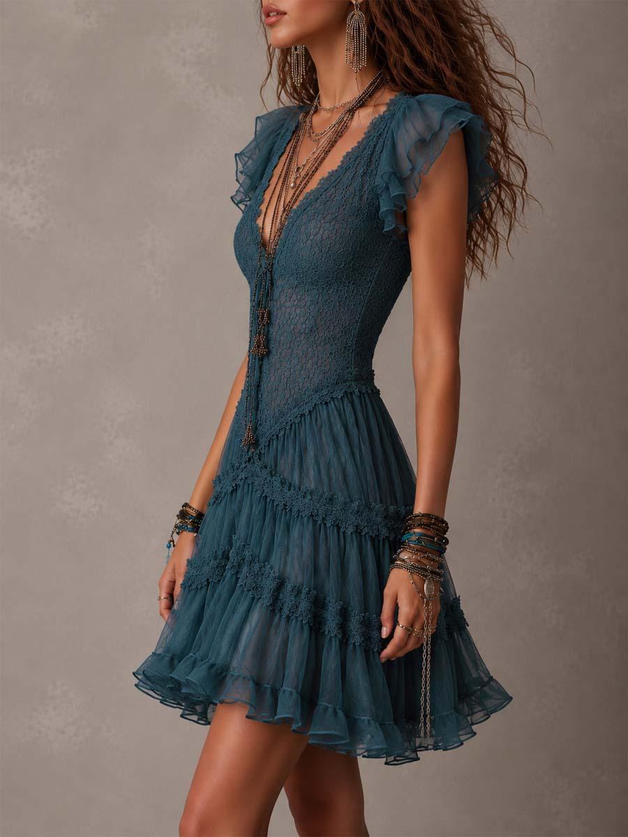Azurine | Retro Blue Lace and Chiffon Ruffle Mini Dress