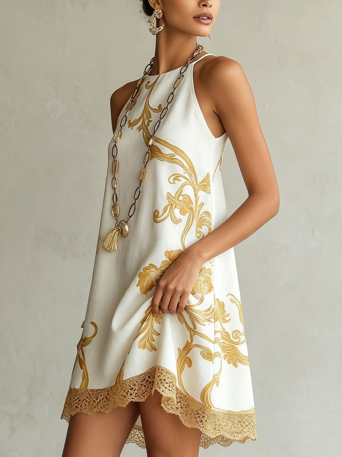 Héloïse | White Lace Mini Dress with Gold Print