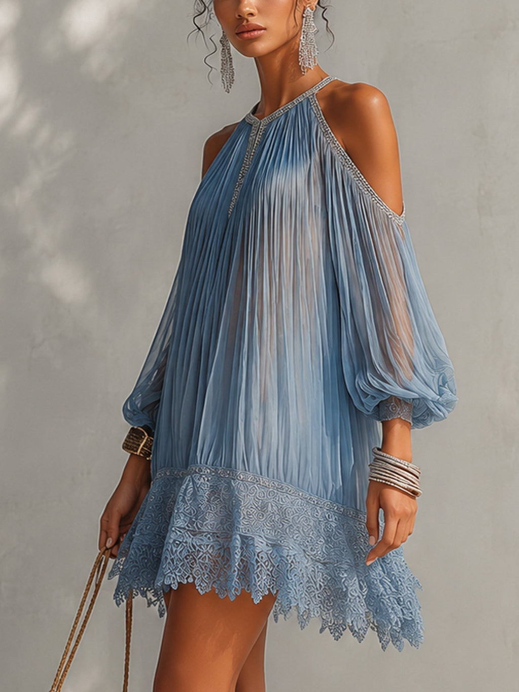 Céleste | Blue Off-Shoulder Ruched Mini Dress with Lace Hem