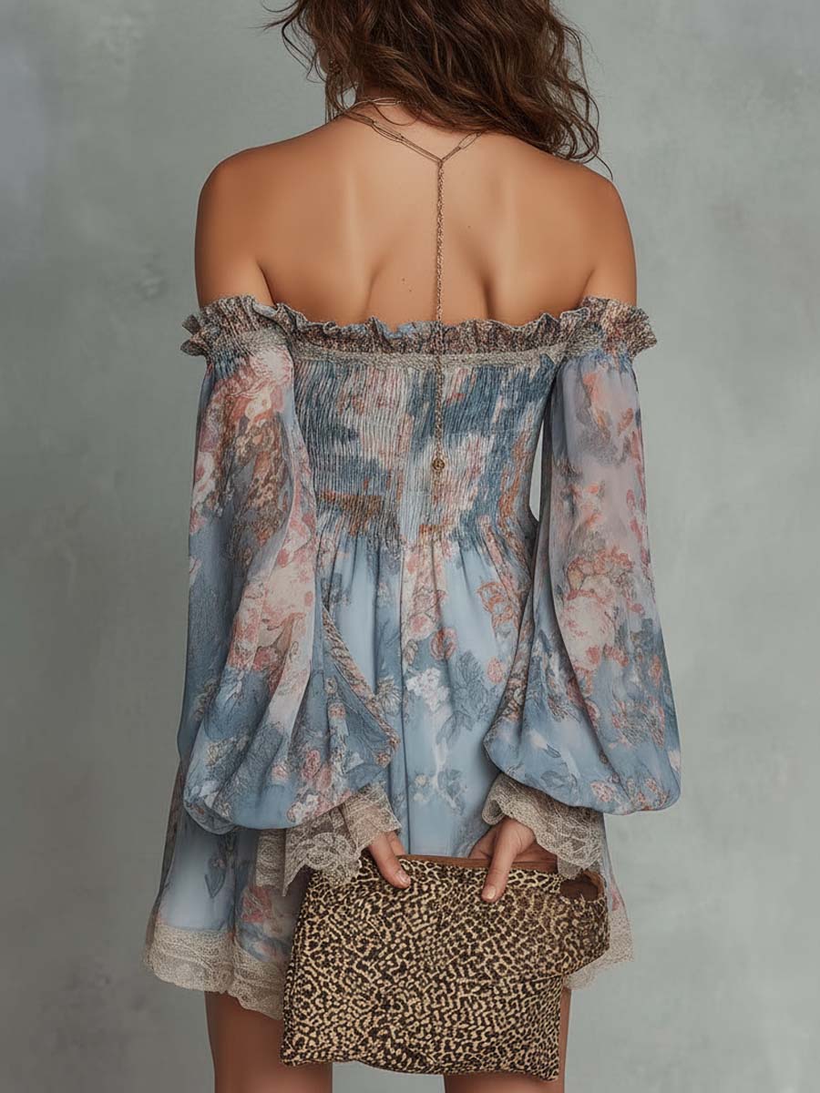 Romane | Ruched Off-Shoulder Chiffon Mini Dress with Romantic Florals