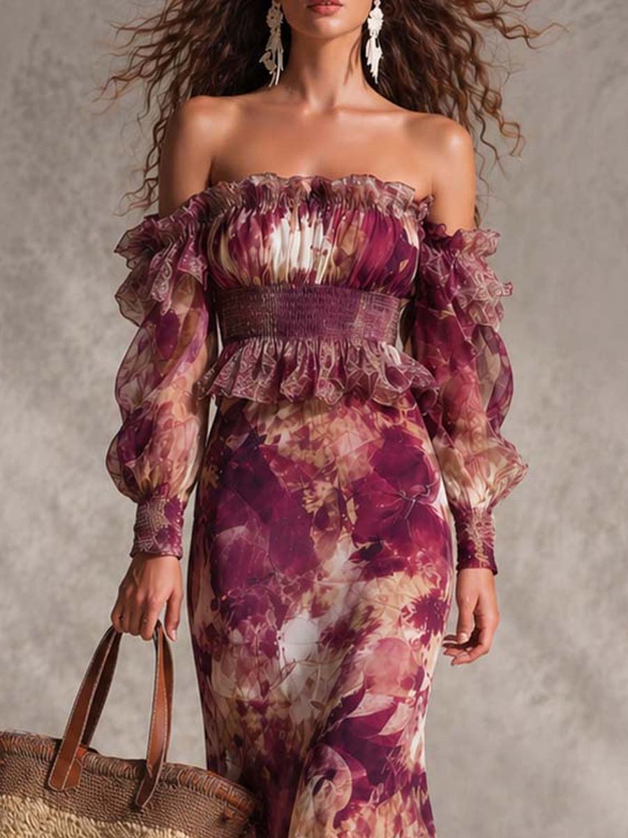 Françoise | Pink Floral Off-Shoulder Chiffon Maxi Dress