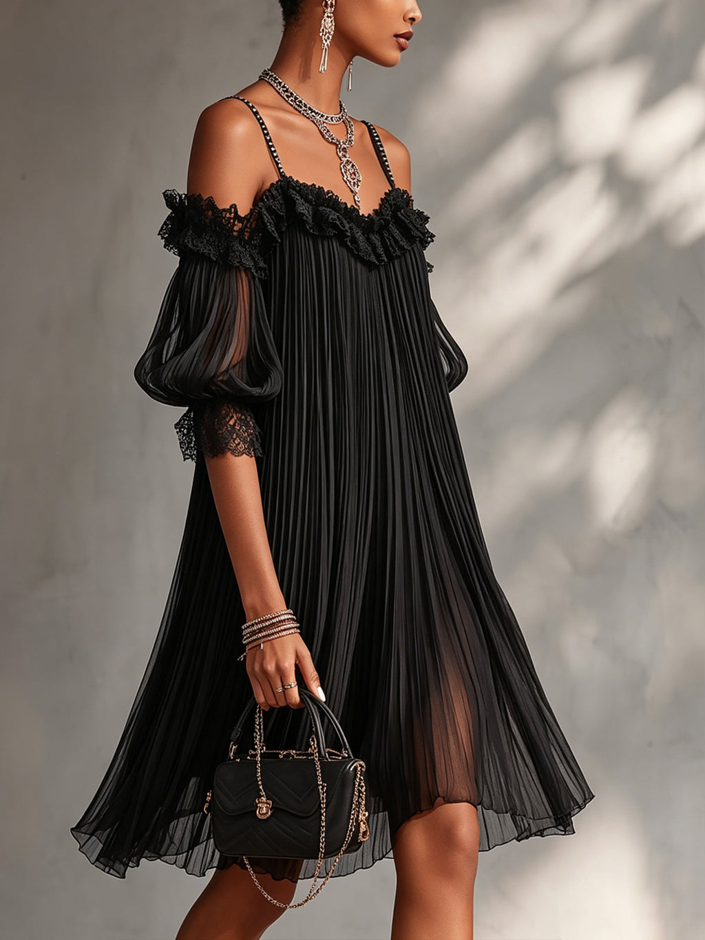Léonie | Black Off-Shoulder Mini Dress with Lace Trim