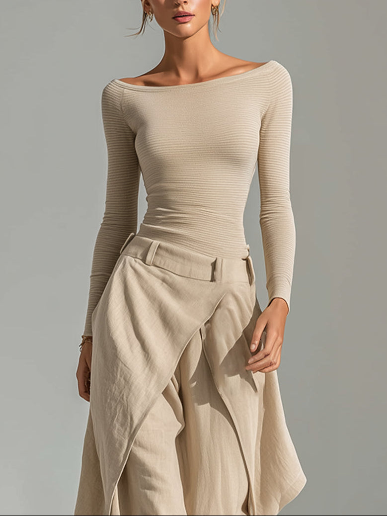 Giuliana | Beige Boat Neck Top and Wide-Leg Layered Trousers Set