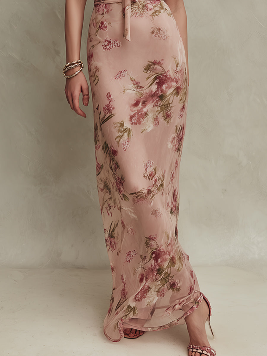 Lia | Elegant Floral Print Chiffon Maxi Dress with Teardrop Neckline