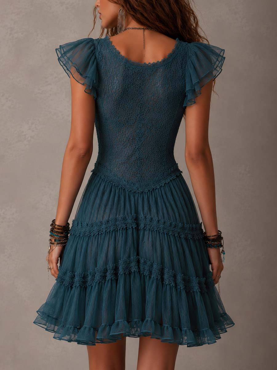 Azurine | Retro Blue Lace and Chiffon Ruffle Mini Dress