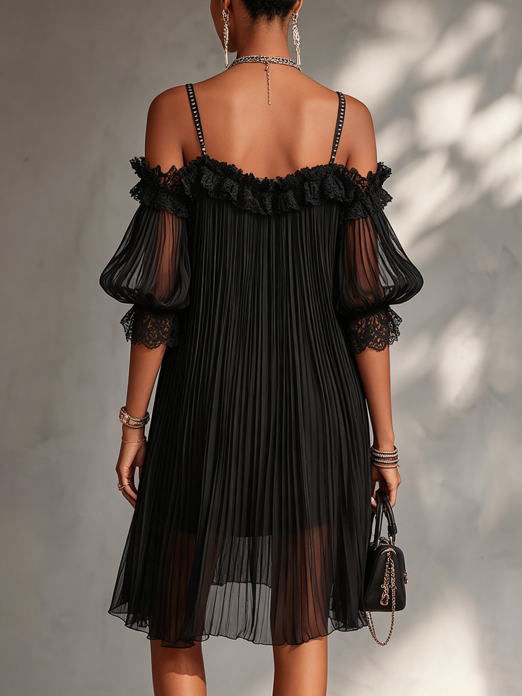 Léonie | Black Off-Shoulder Mini Dress with Lace Trim