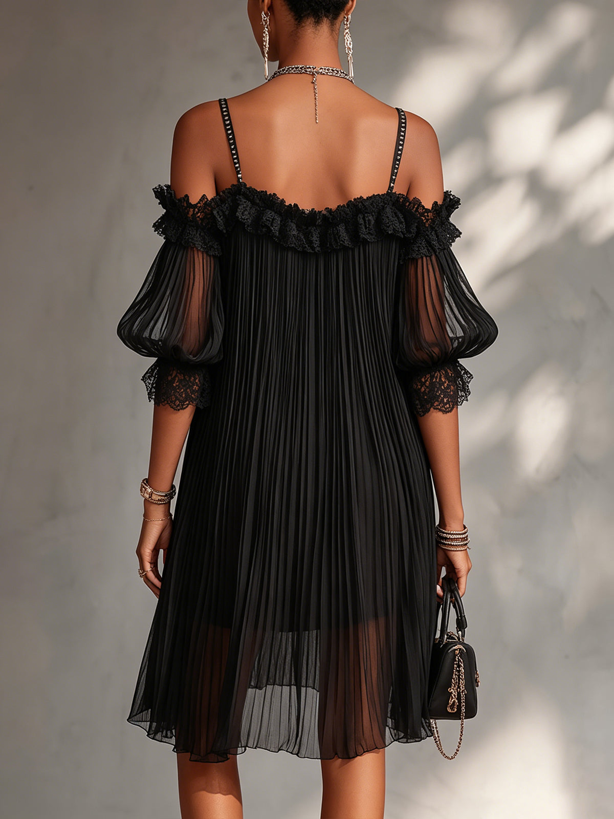 Léonie | Black Off-Shoulder Mini Dress with Lace Trim