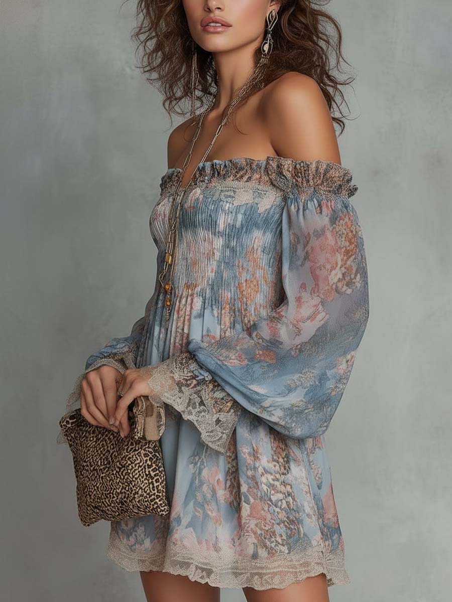 Romane | Ruched Off-Shoulder Chiffon Mini Dress with Romantic Florals