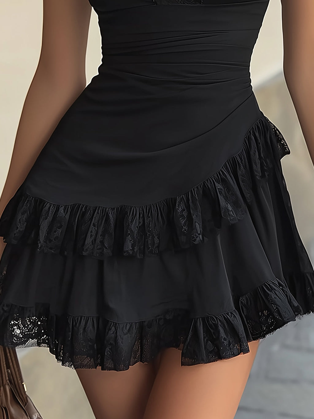 Estelle | Black Lace Ruffle Mini Dress with V-Neck