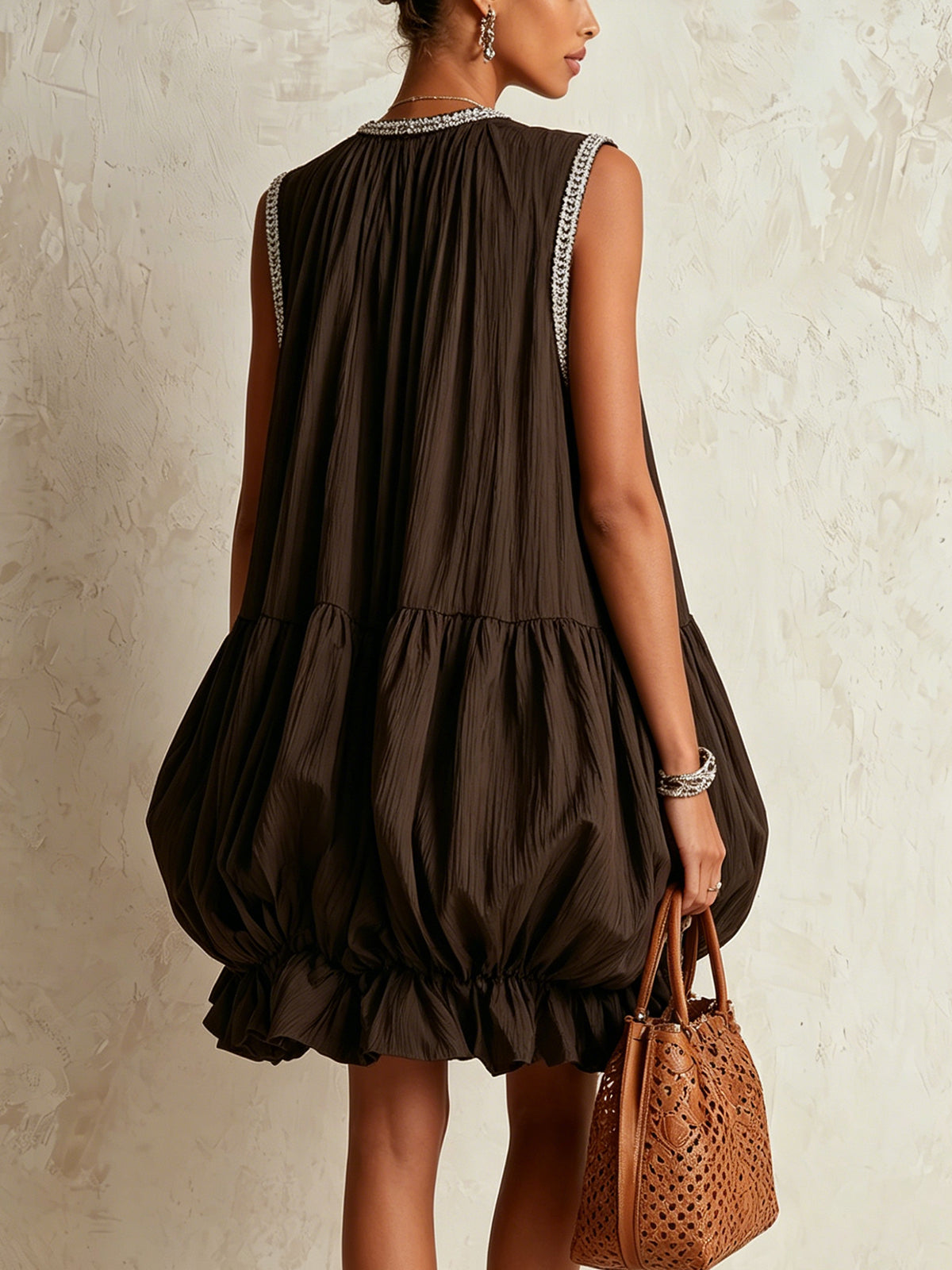 Colette | Brown Sleeveless Mini Dress with Puffball Hem