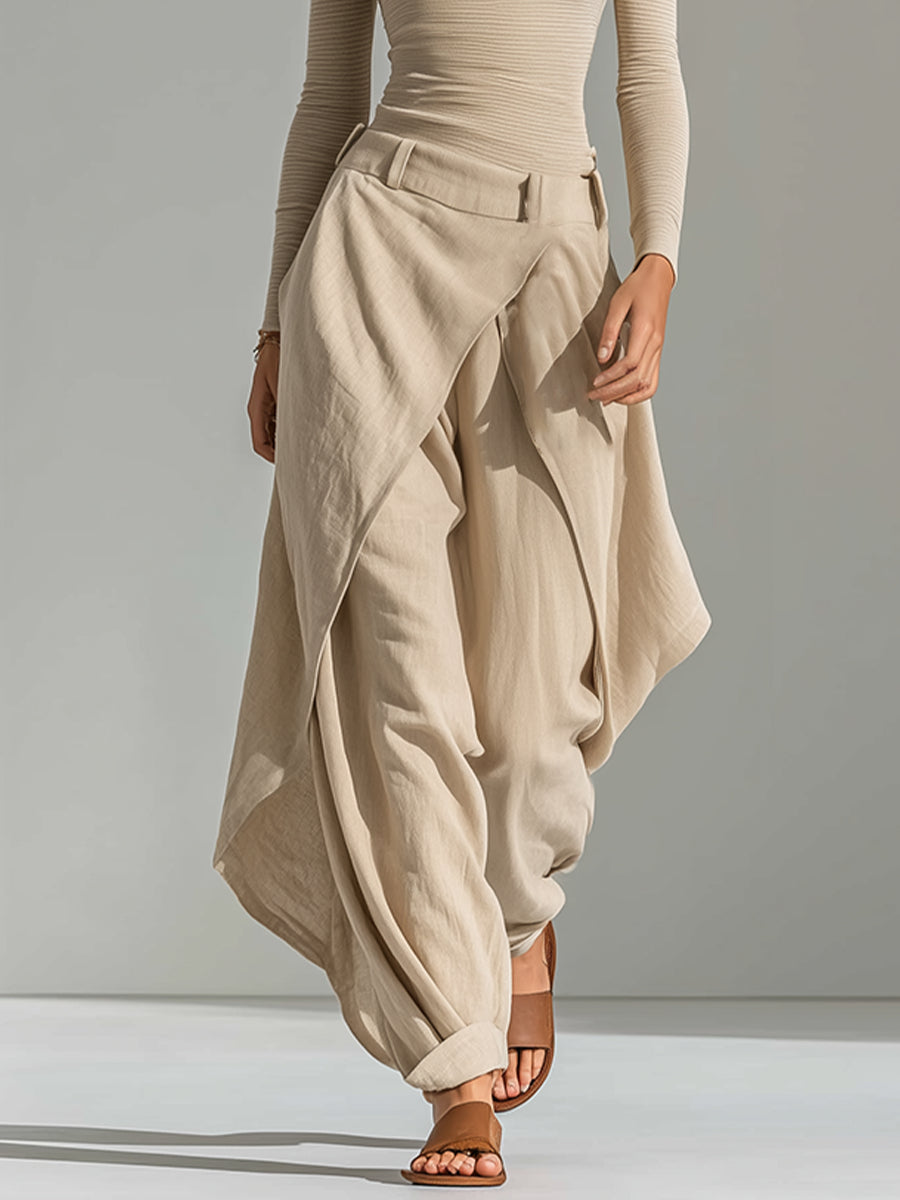 Giuliana | Beige Boat Neck Top and Wide-Leg Layered Trousers Set