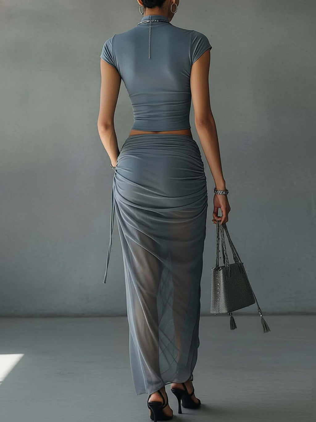 Jacqueline | Blue Crop Top and Sheer Draped Tulle Skirt Set