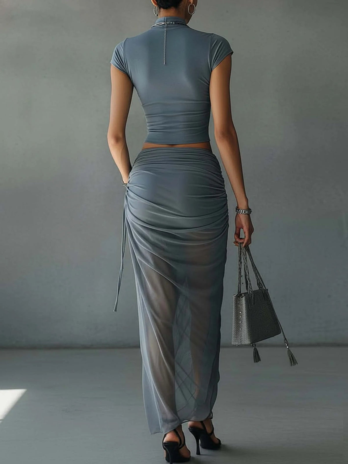 Jacqueline | Blue Crop Top and Sheer Draped Tulle Skirt Set