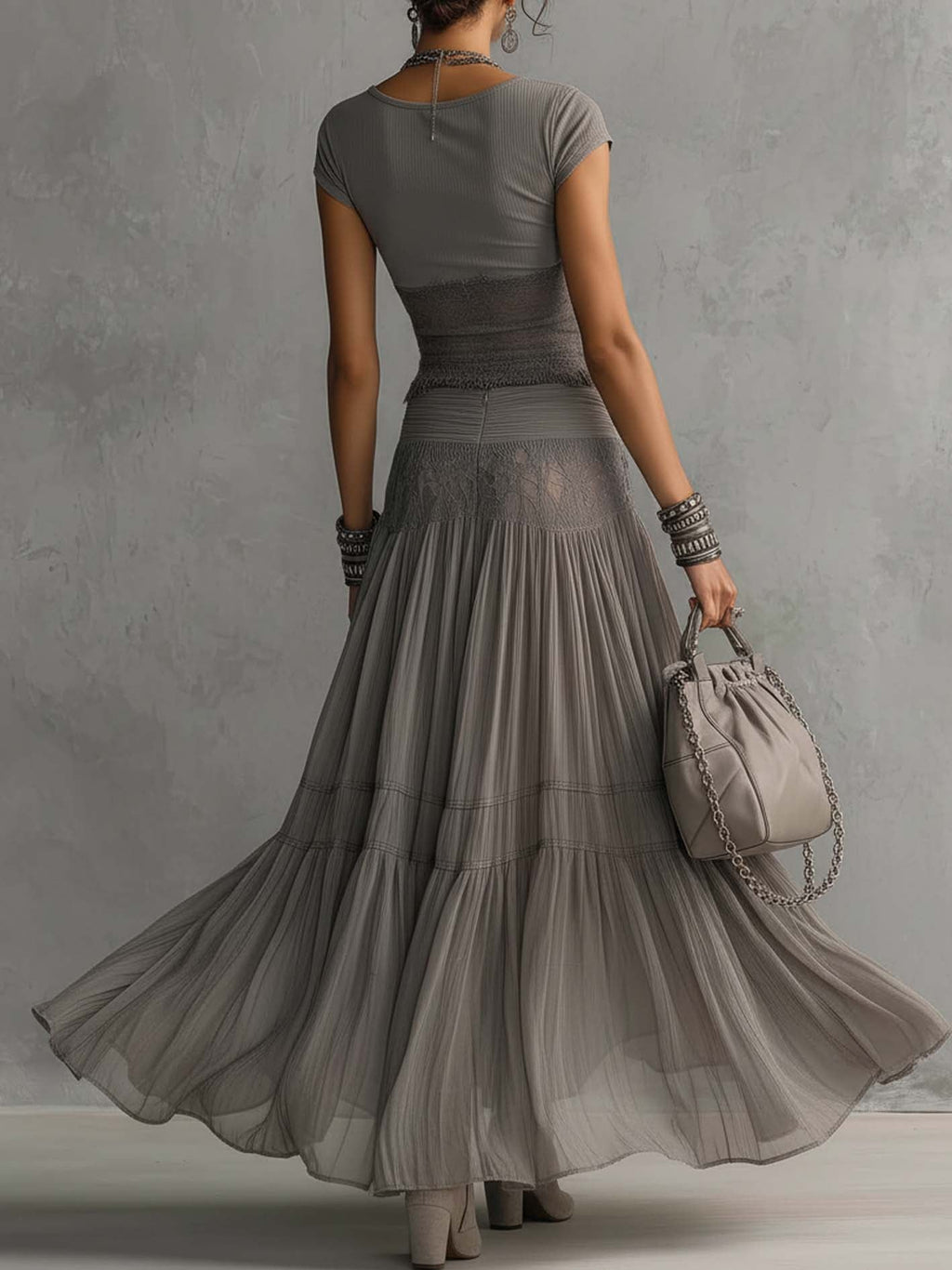 Christine | Grey Lace-Panel Top and Pleated Maxi Skirt Set