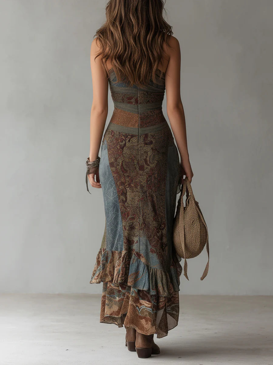 Elena | Bold Print Asymmetrical Maxi Dress with Ruffled Slit