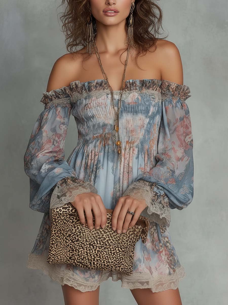 Romane | Ruched Off-Shoulder Chiffon Mini Dress with Romantic Florals