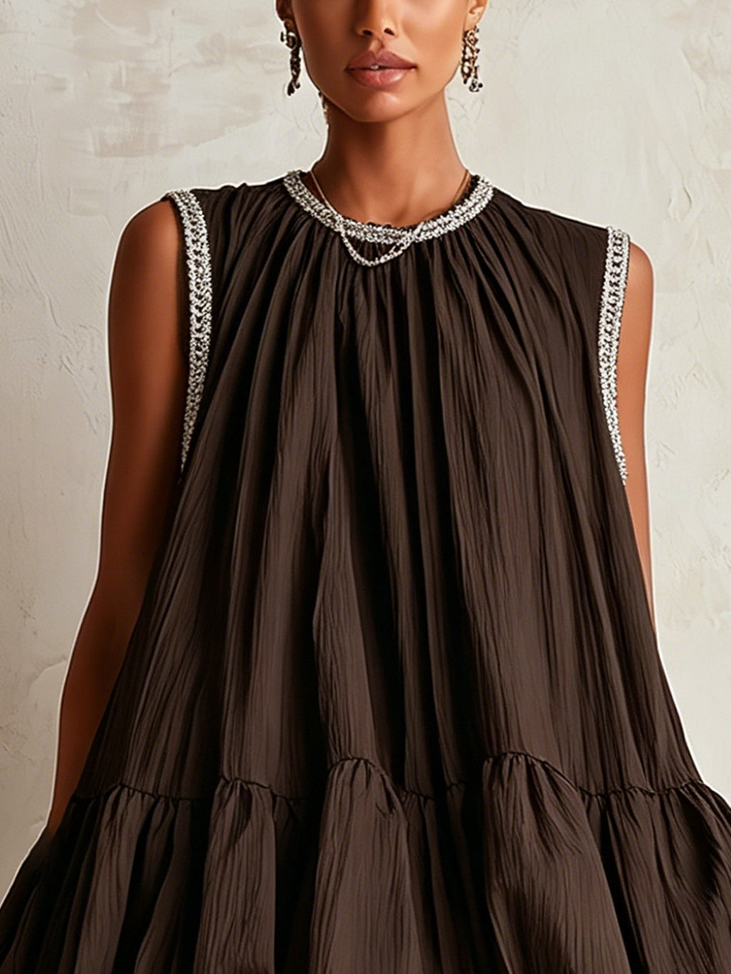 Colette | Brown Sleeveless Mini Dress with Puffball Hem