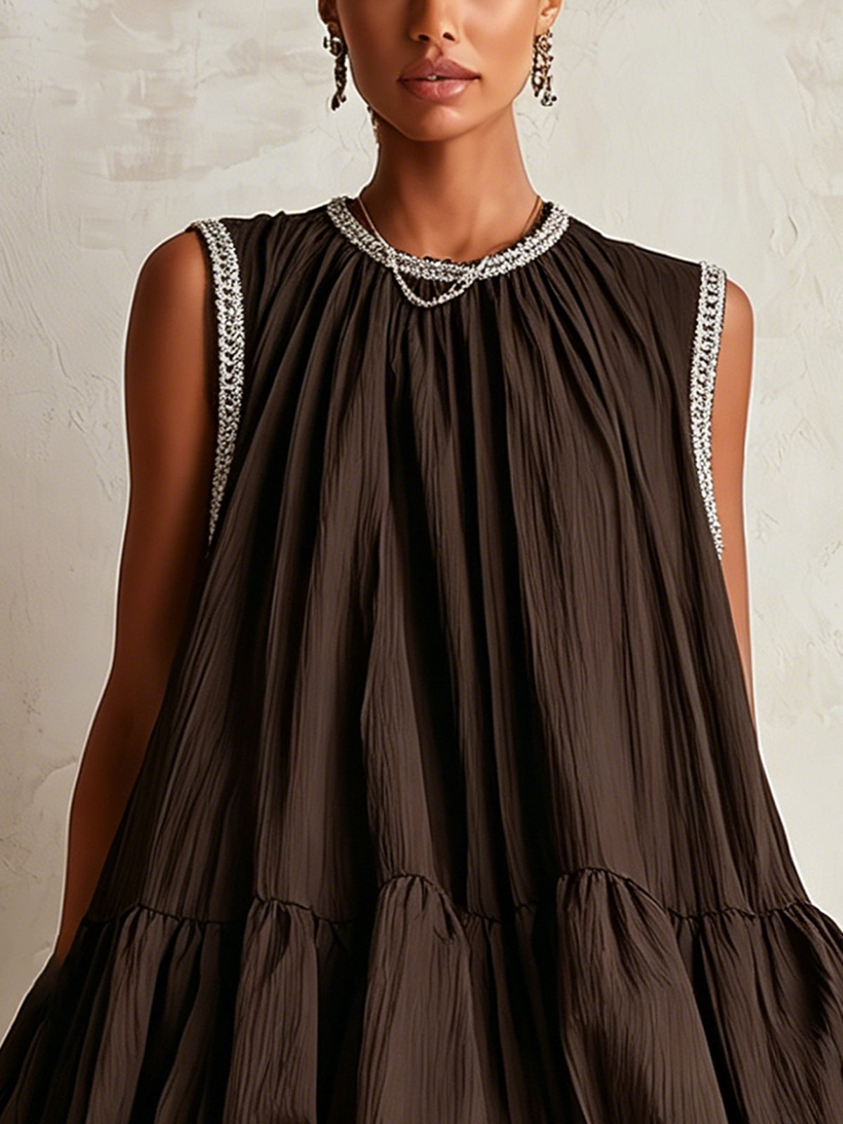 Colette | Brown Sleeveless Mini Dress with Puffball Hem