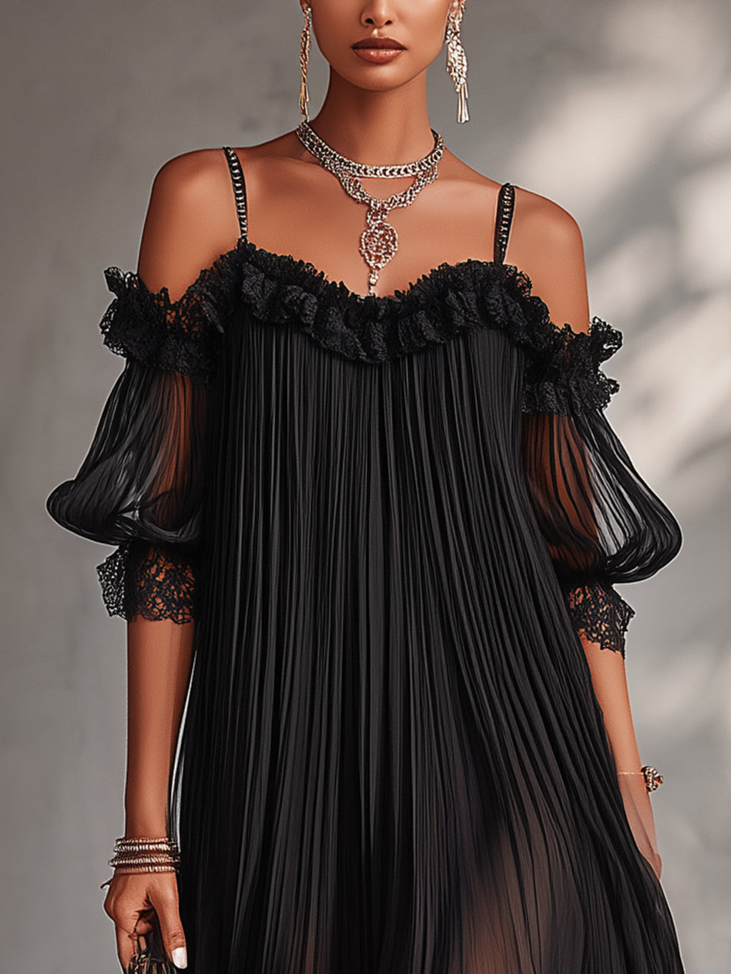 Léonie | Black Off-Shoulder Mini Dress with Lace Trim
