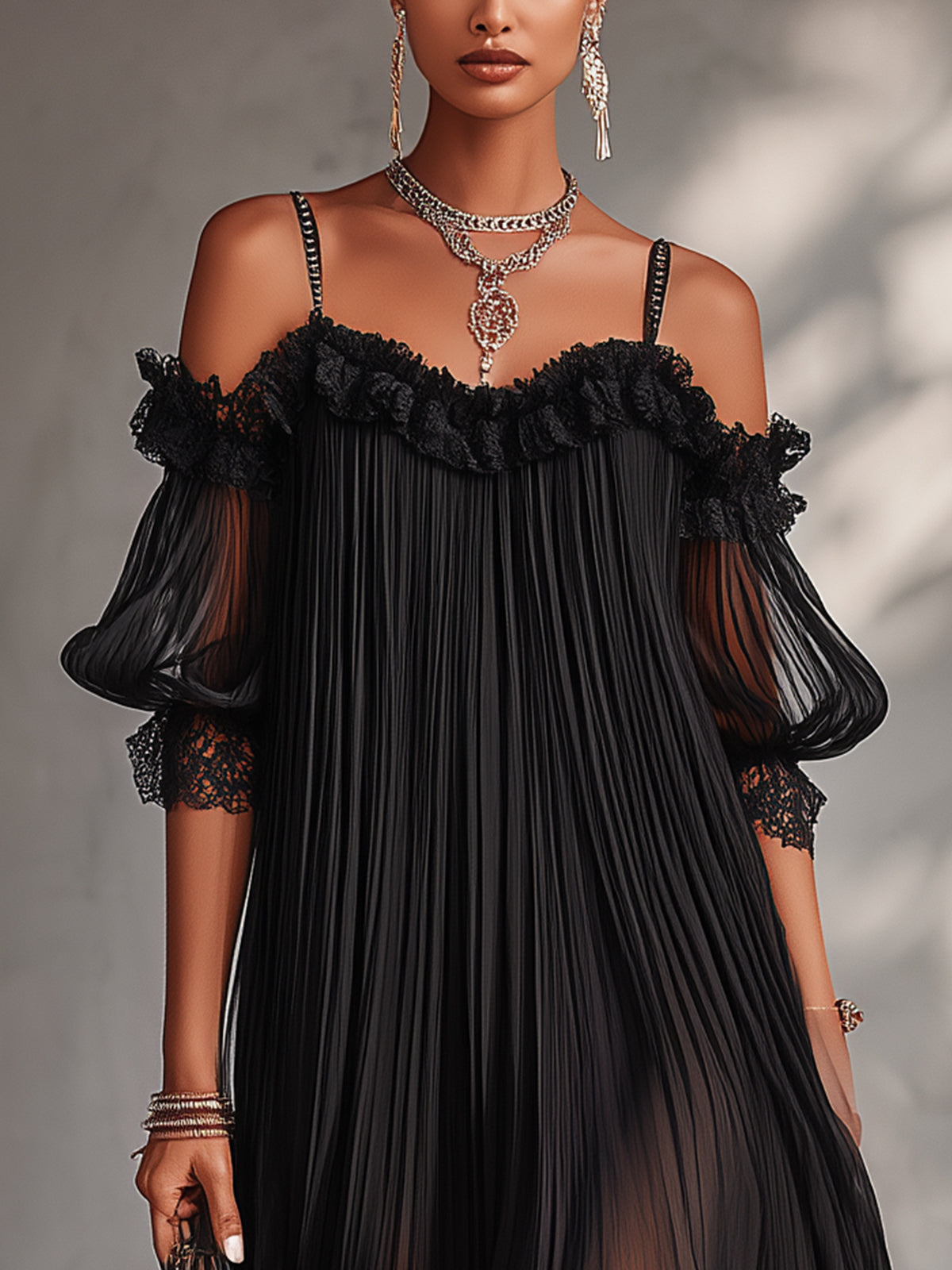 Léonie | Black Off-Shoulder Mini Dress with Lace Trim