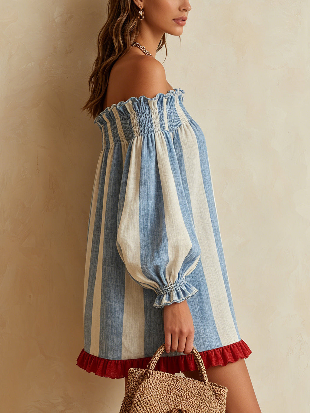 Ondine | Blue and White Striped Off-Shoulder Mini Dress with Contrast Hem