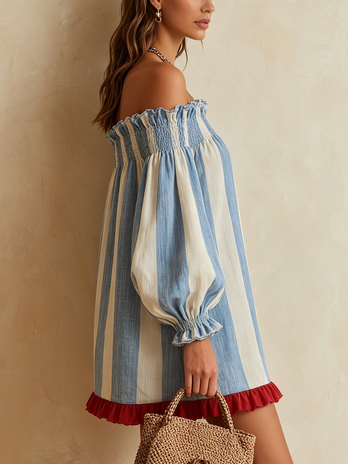 Ondine | Blue and White Striped Off-Shoulder Mini Dress with Contrast Hem