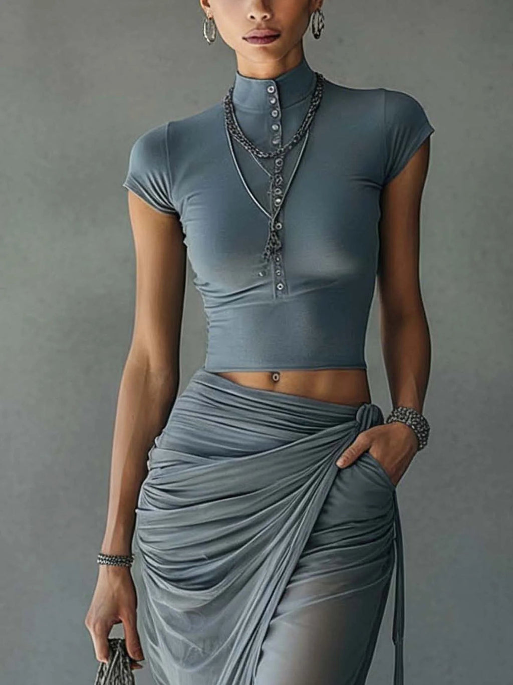 Jacqueline | Blue Crop Top and Sheer Draped Tulle Skirt Set
