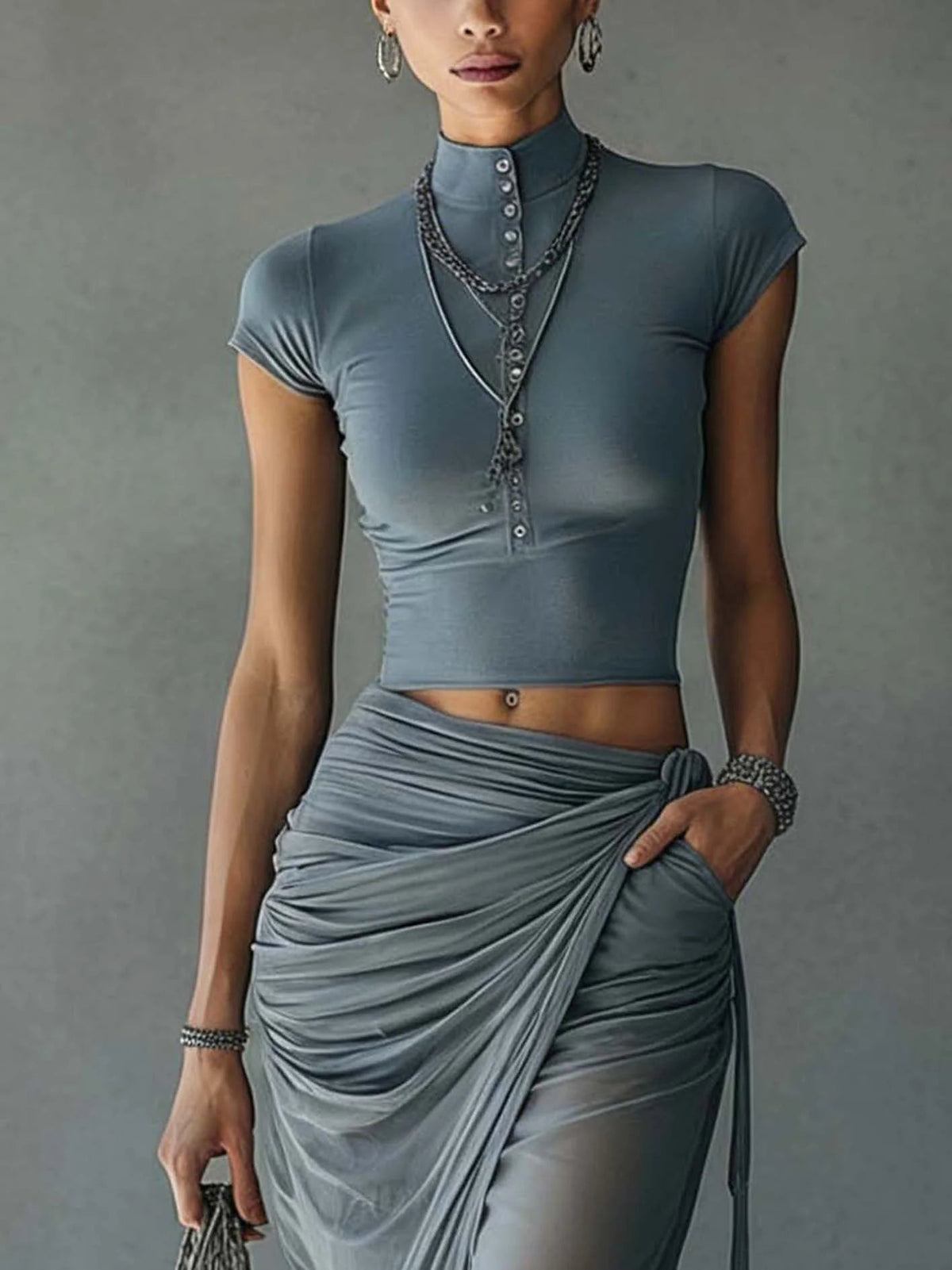 Jacqueline | Blue Crop Top and Sheer Draped Tulle Skirt Set