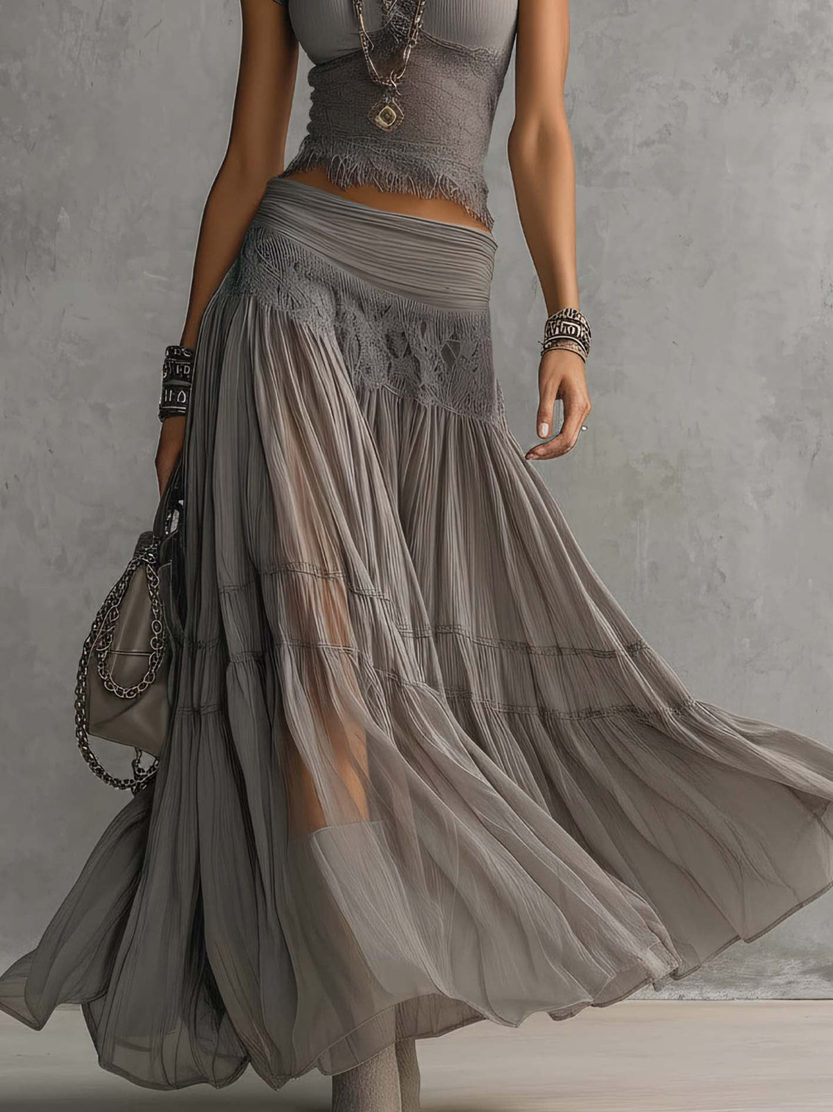 Christine | Grey Lace-Panel Top and Pleated Maxi Skirt Set